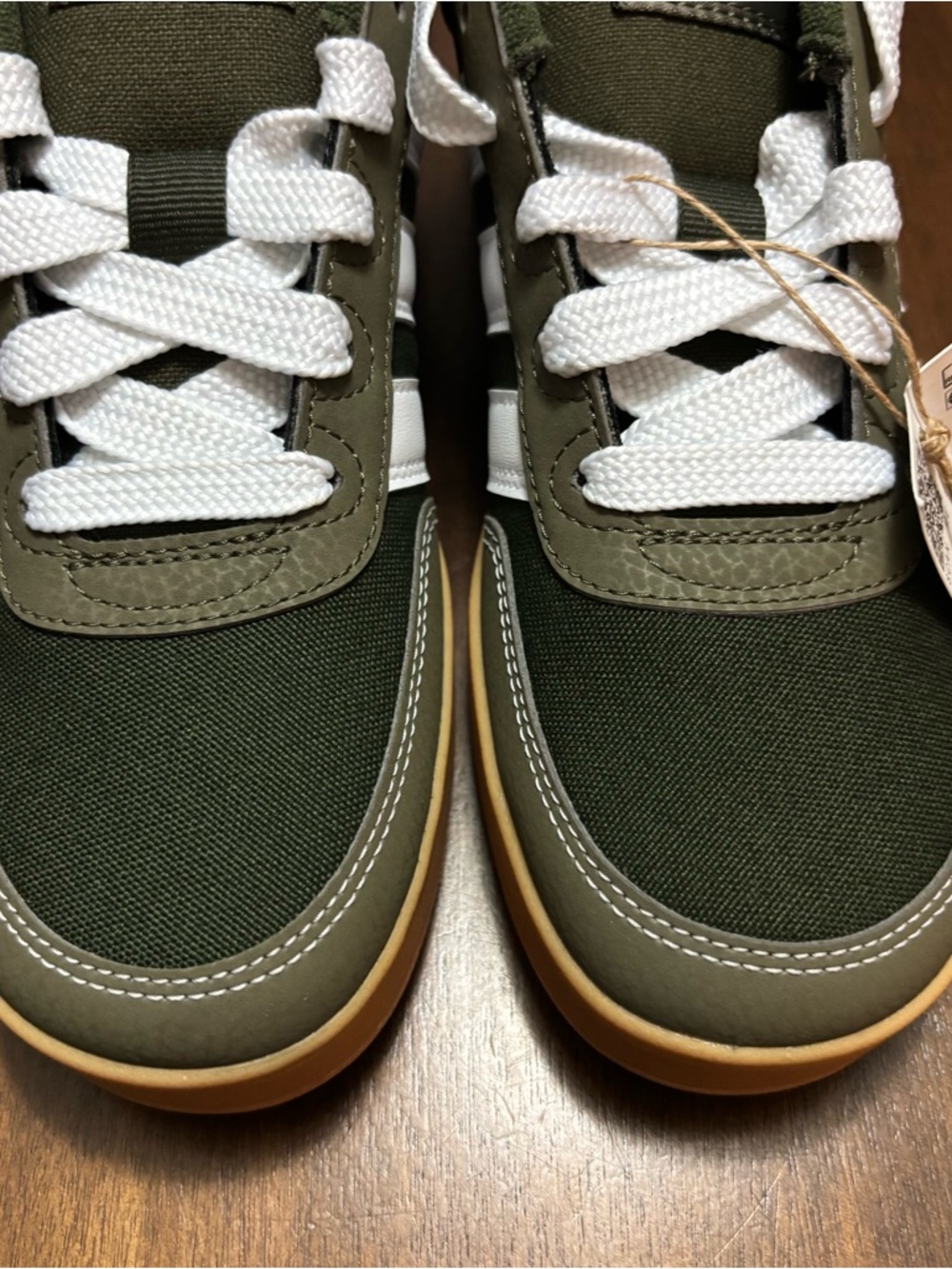 adidas Olive Green Low-Top Sneakers with White Stripes and Gum Sole - Picture 6 of 8